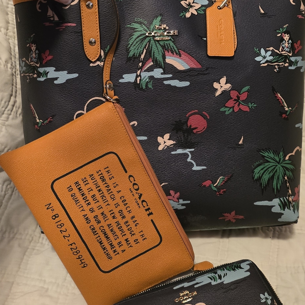 Coach Reversible Tropical Print/Mustard Yellow Tote with Navy and Orange Accents